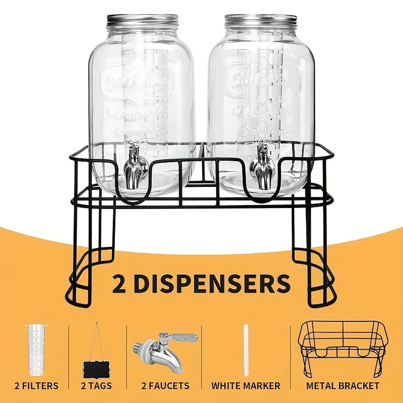 TEMU 2pcs, 1-gallon Glass Beverage Dispenser Set, With Stand And Stainless Steel Spigot, Leak-proof. Lemonade Dispenser With , Ideal For Kitchen, Camping, Parties, Halloween, And Christmas.