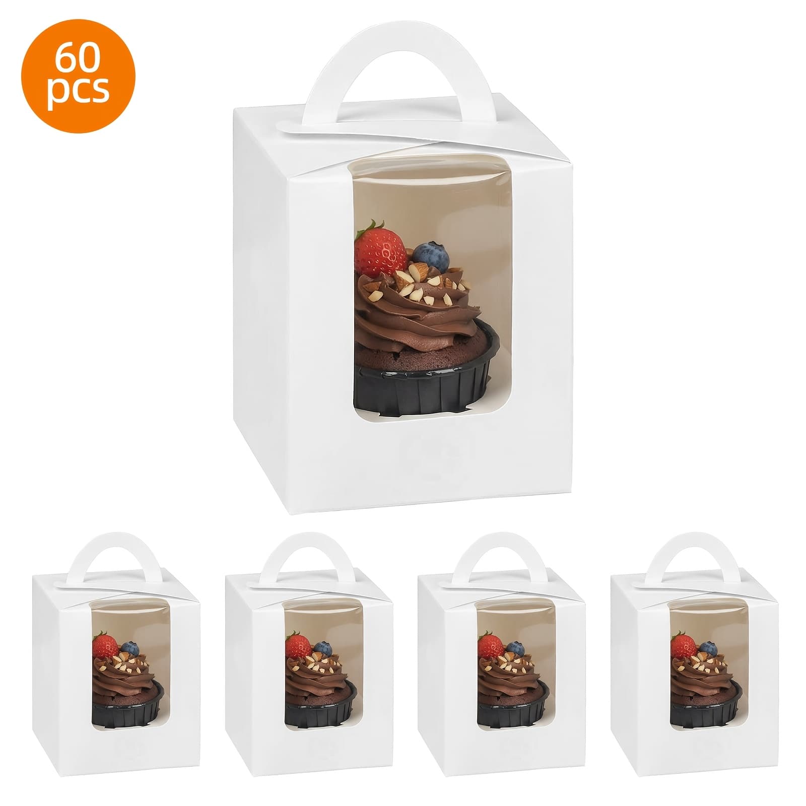 TEMU Tomnk 60/100 Pack Of Individual Cupcake Boxes With A Transparent Window, Food-grade Cupcake Trays (with Liners), Stackable Deep Cupcake Transport Boxes (white/brown)