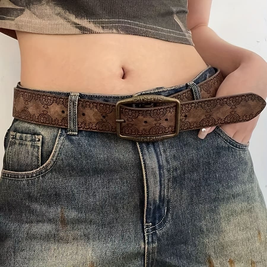 TEMU Vintage Ethnic Style Artistic Women's Belt With Vintage Bronze , Unique Embossed Waist Belt For Trendy Outfit Additions