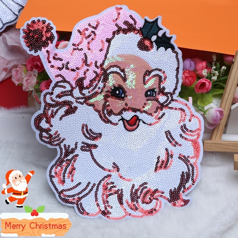TEMU Large Sequined Santa Claus Head Sequined Embroidered Fabric Patch For Christmas Fashion Decoration, Suitable For Bags, Curtains And Clothing