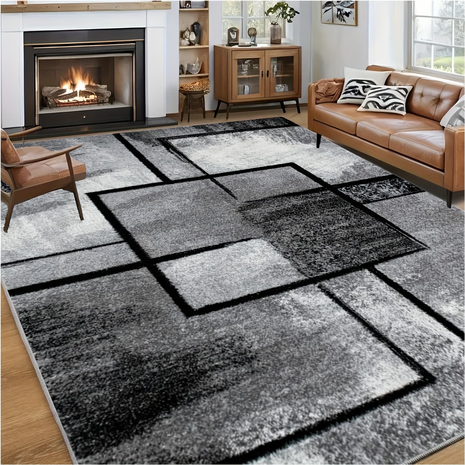 TEMU Large Black And White Geometric Area Rug - Ultra Soft, Non-slip, Machine Washable With Rubber Backing. Low Pile, Non-shedding. Option. For Living Room, Bedroom, Kitchen, Bathroom