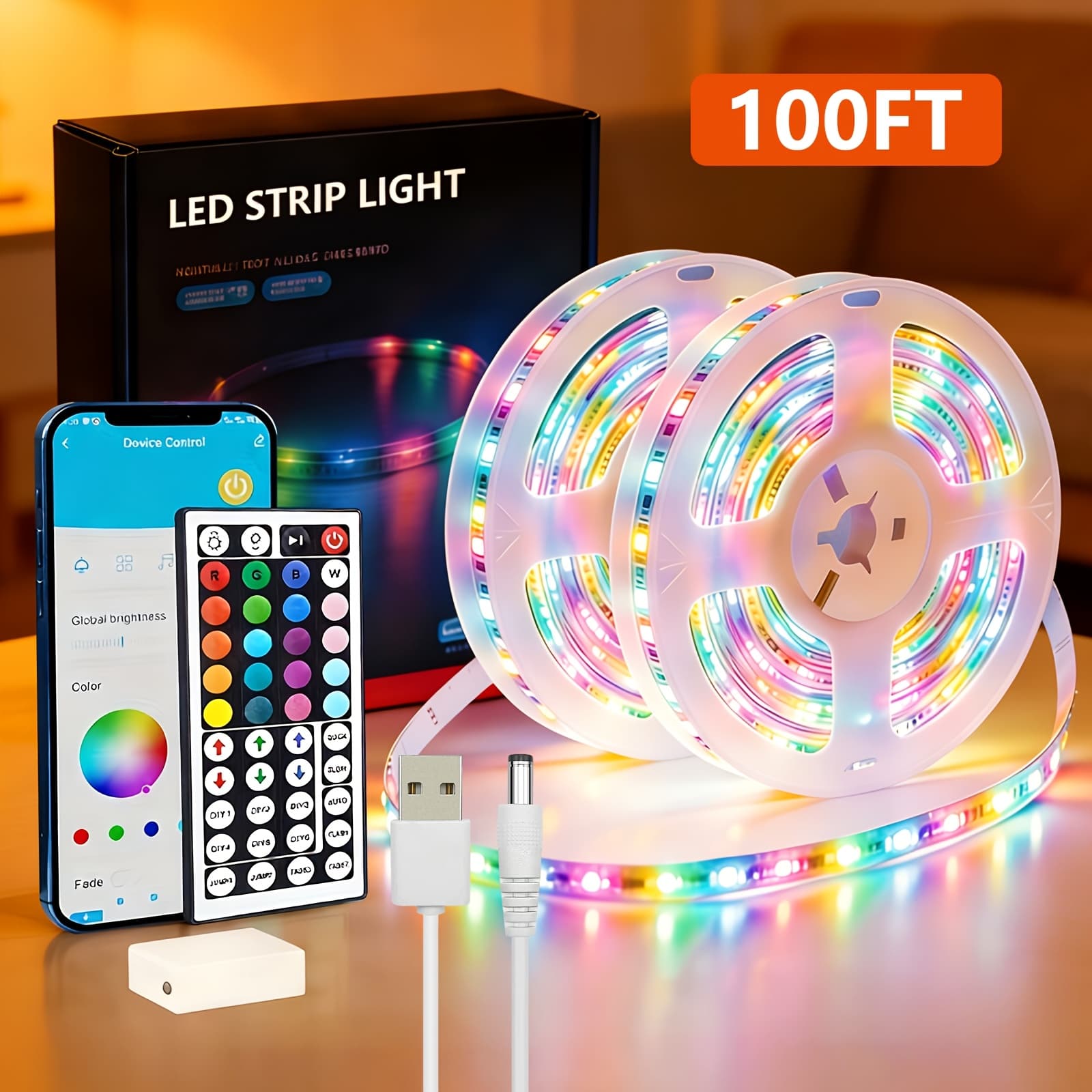 TEMU 50/100ft Smart Led Light Strip, 44-key Remote Control Supports App (timing, Rgb Color Change, Music Rhythm), Flexible Light Strip, Suitable For Ceiling Decoration, Room Decoration, Festival Gifts