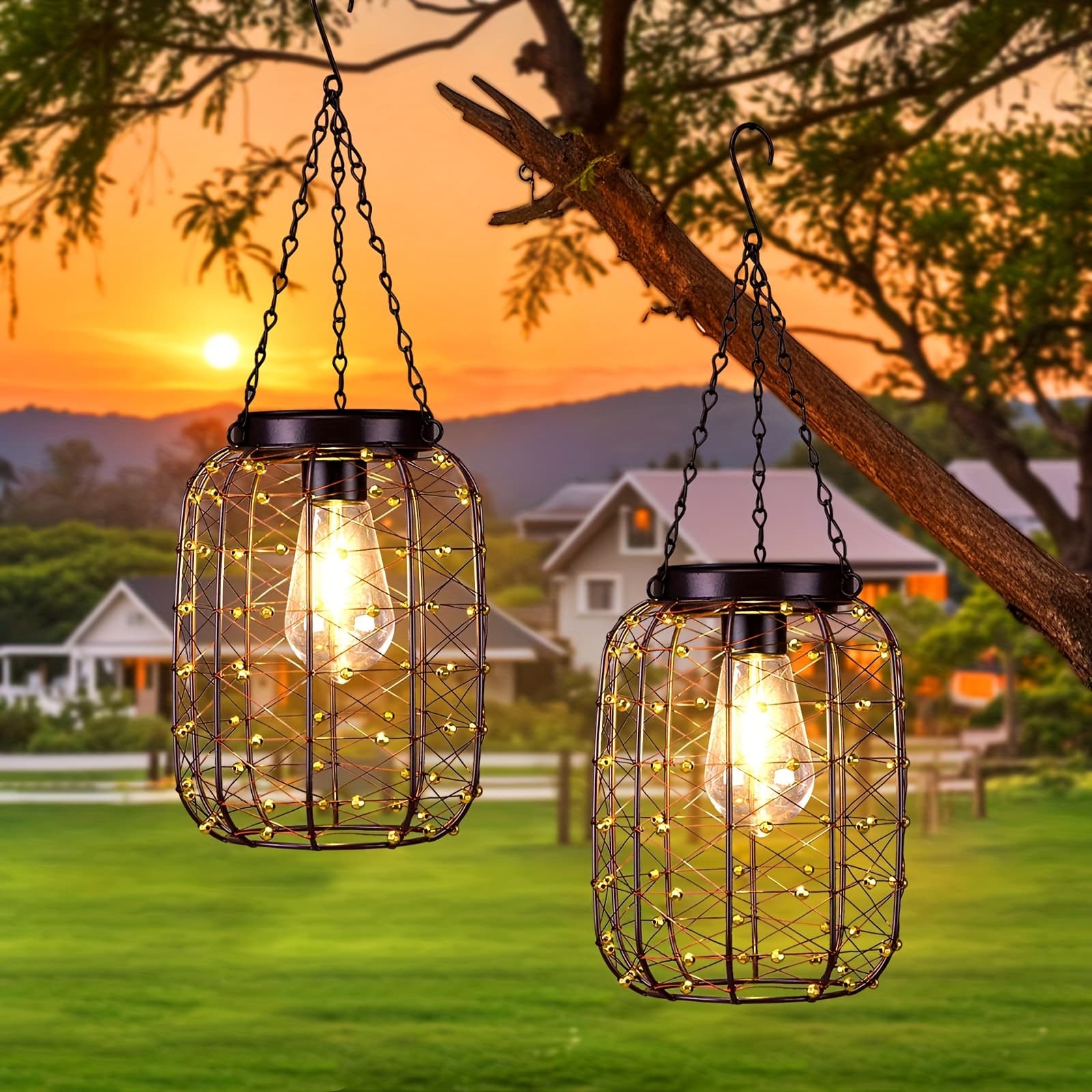 TEMU 2 Pack Hanging Solar Lantern Lights, Solar Chandelier Outdoor Vintage Copper Outdoor Hanging Lights For Outside Gazebo, Pergola, Porch, Yard, Garden, Pathway, Decor