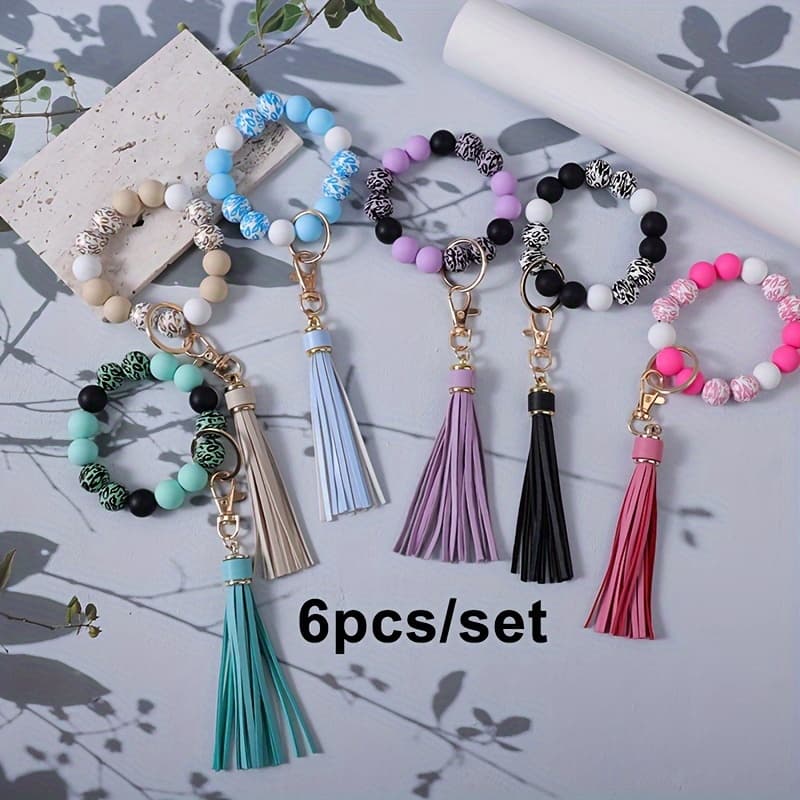 TEMU 6pcs/set Wooden Beads And Bead Shaped Wristband Keychains With Tassels, Perfect For Or Handbag Keychains, Suitable As Gifts For And Mothers