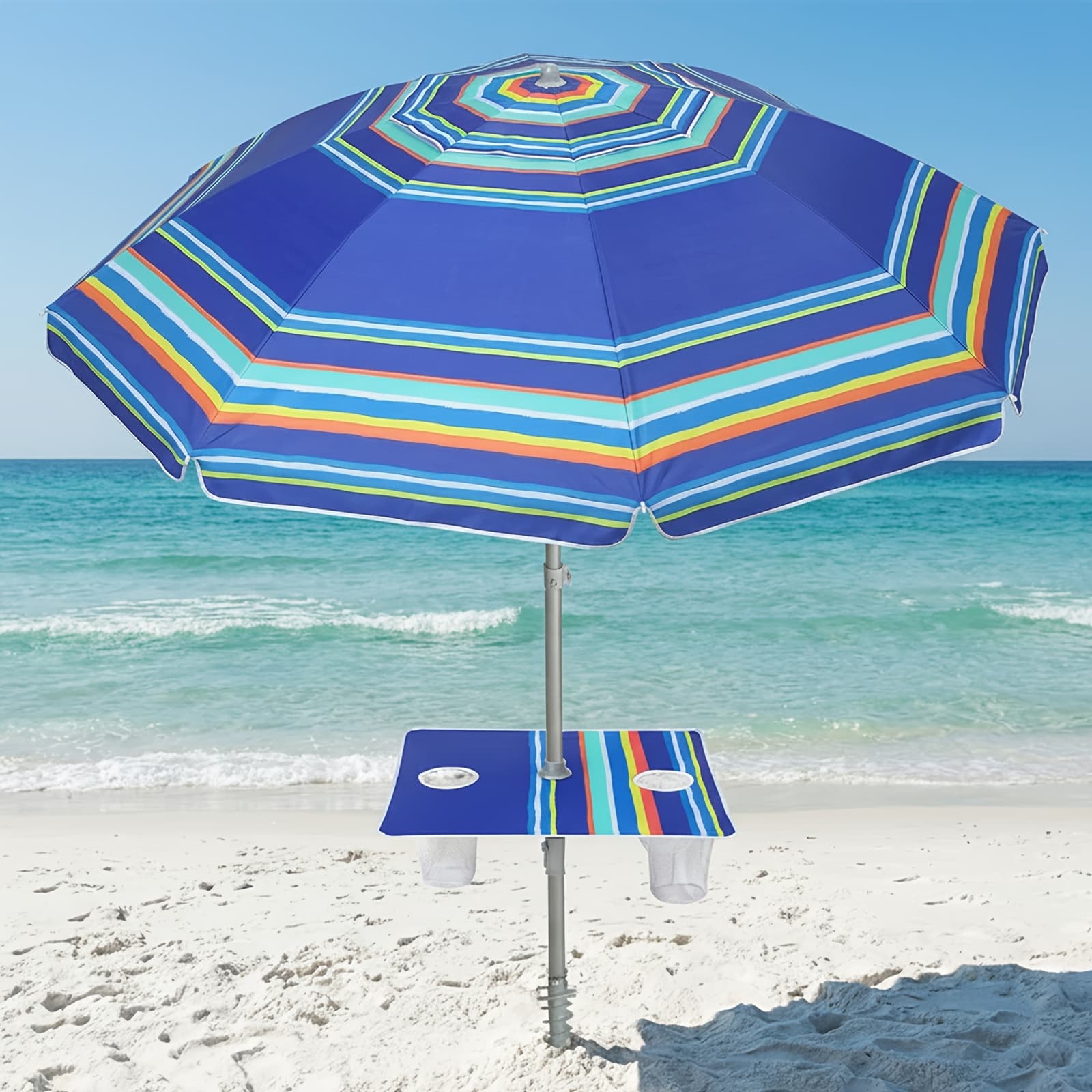 TEMU 7ft Heavy Duty High Umbrella With Sand Anchor, Built-in Table Tray Vent Tilt Pole, Upf 50+ Windproof Portable Outdoor Umbrellas Carry Bag For Patio Backyard