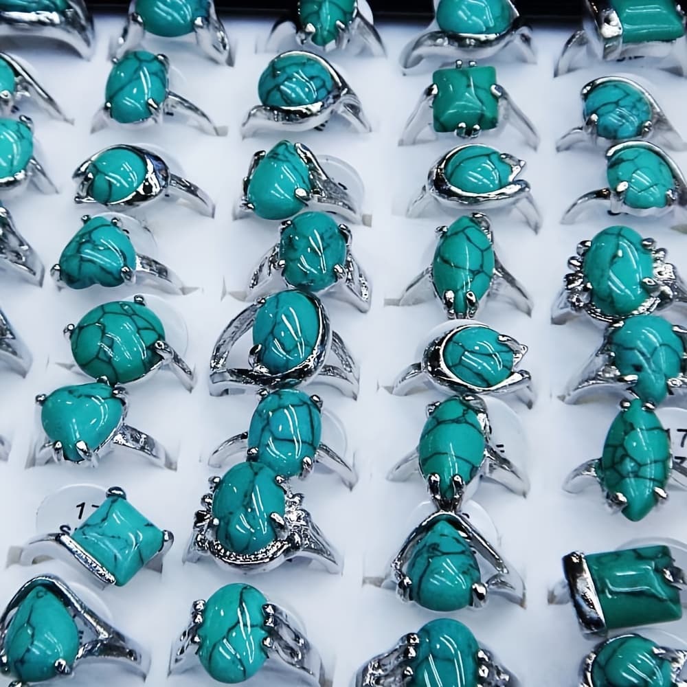 TEMU 40 Bohemian Turquoise Rings Heart-shaped Teardrop With Irregular Perfect For Women's Everyday Wear, Vacation Parties, And Holiday Gifts