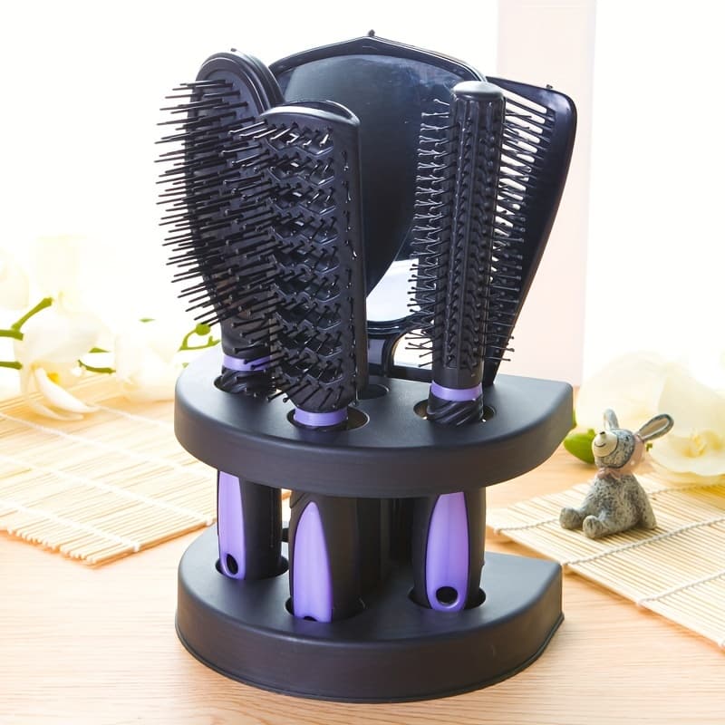 TEMU 5pcs Unisex Professional Hair Styling Set, Scalp Massage, Detangling Brushes, Airbag Comb, Makeup Mirror, Unscented, For Normal Relaxed Textured Hair