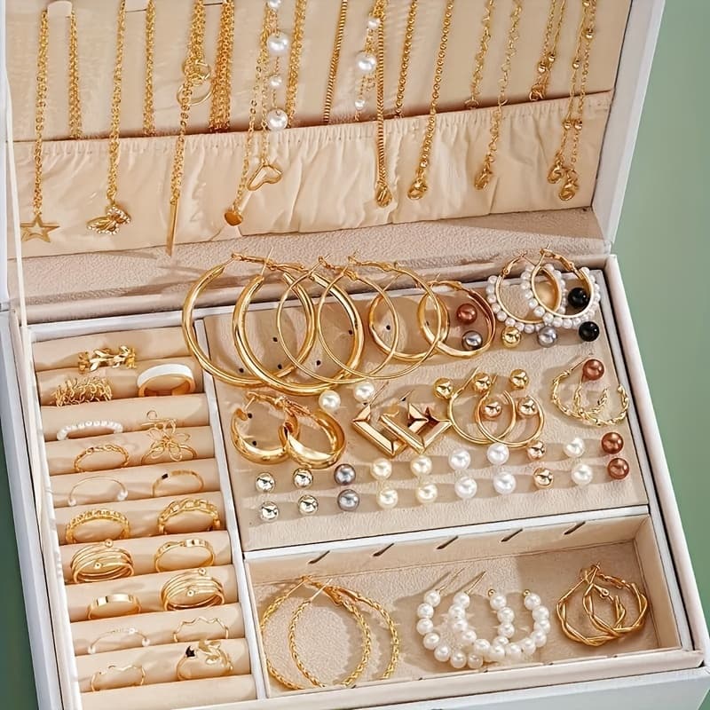 TEMU 86pcs Easy Pearls Stars Moon Necklace Bracelet Ring Earrings Jewelry Set Women's Autumn And Winter Daily Match Attend Party Holiday Dating Holiday Gift ()