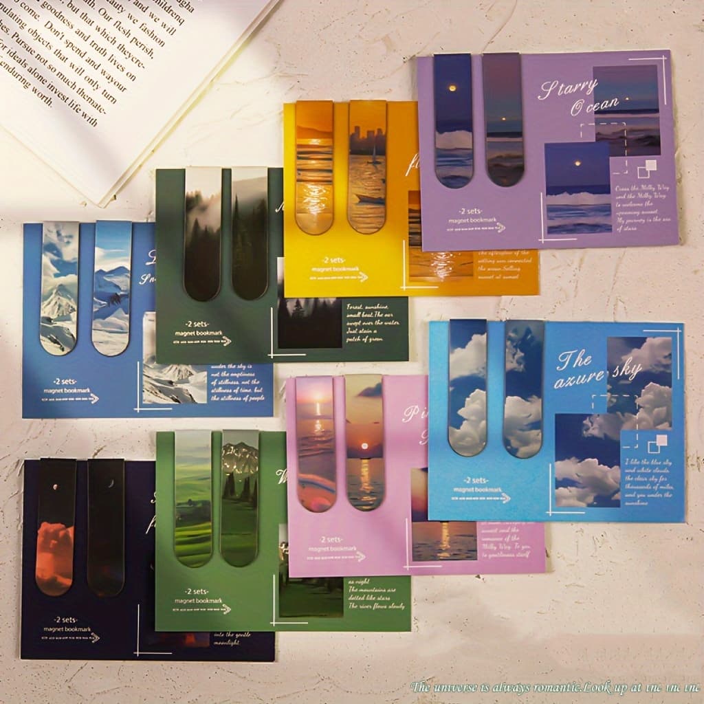 TEMU 16pcs (8packs) Magnetic Bookmarks, Creative Magnetic Clips For Students, Featuring Minimalist Of Clouds And Landscapes, Perfect For Holding Pages.
