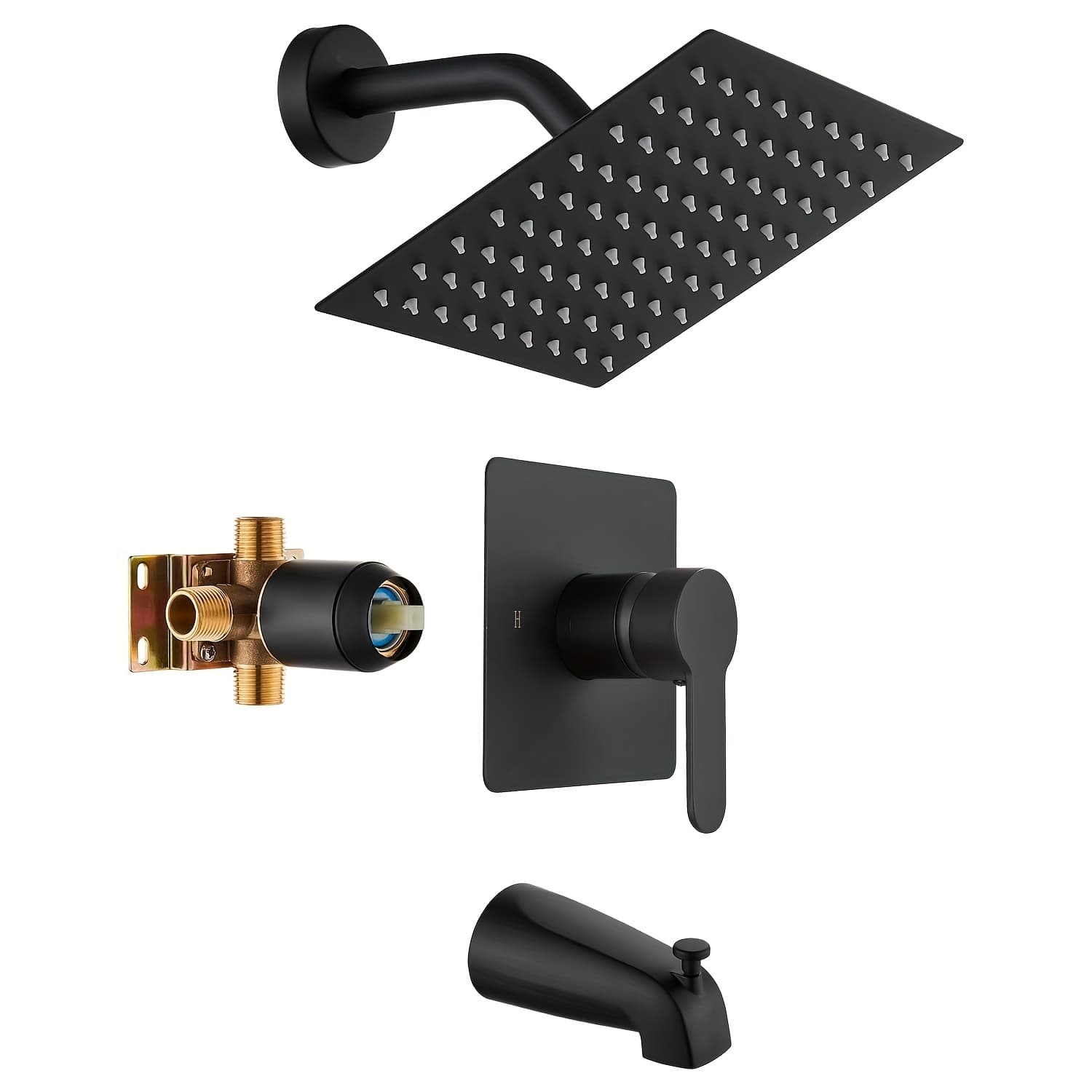TEMU 1set Shower Faucet Set With Waterfall Tub Spout Bathtub Faucet Kit Shower Tub Faucet Set Complete Tub Shower Trim Kit With Solid Brass Rough-in Valve And 8 Inch Square Showerhead Matte Black