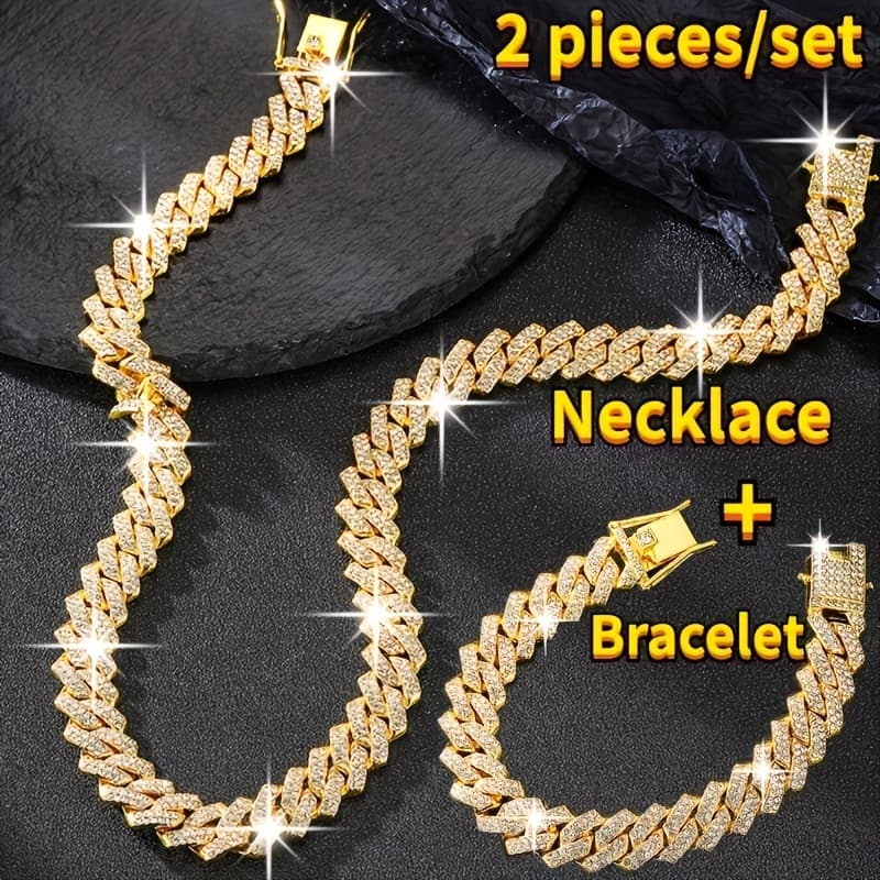 TEMU 2pcs Shiny Cuban Link Chain Jewelry Set For Men Bling Miami Hip Hop Cuban Link Chain Necklace And Bracelet Set Suitable For Birthday Gift Anniversary Gift