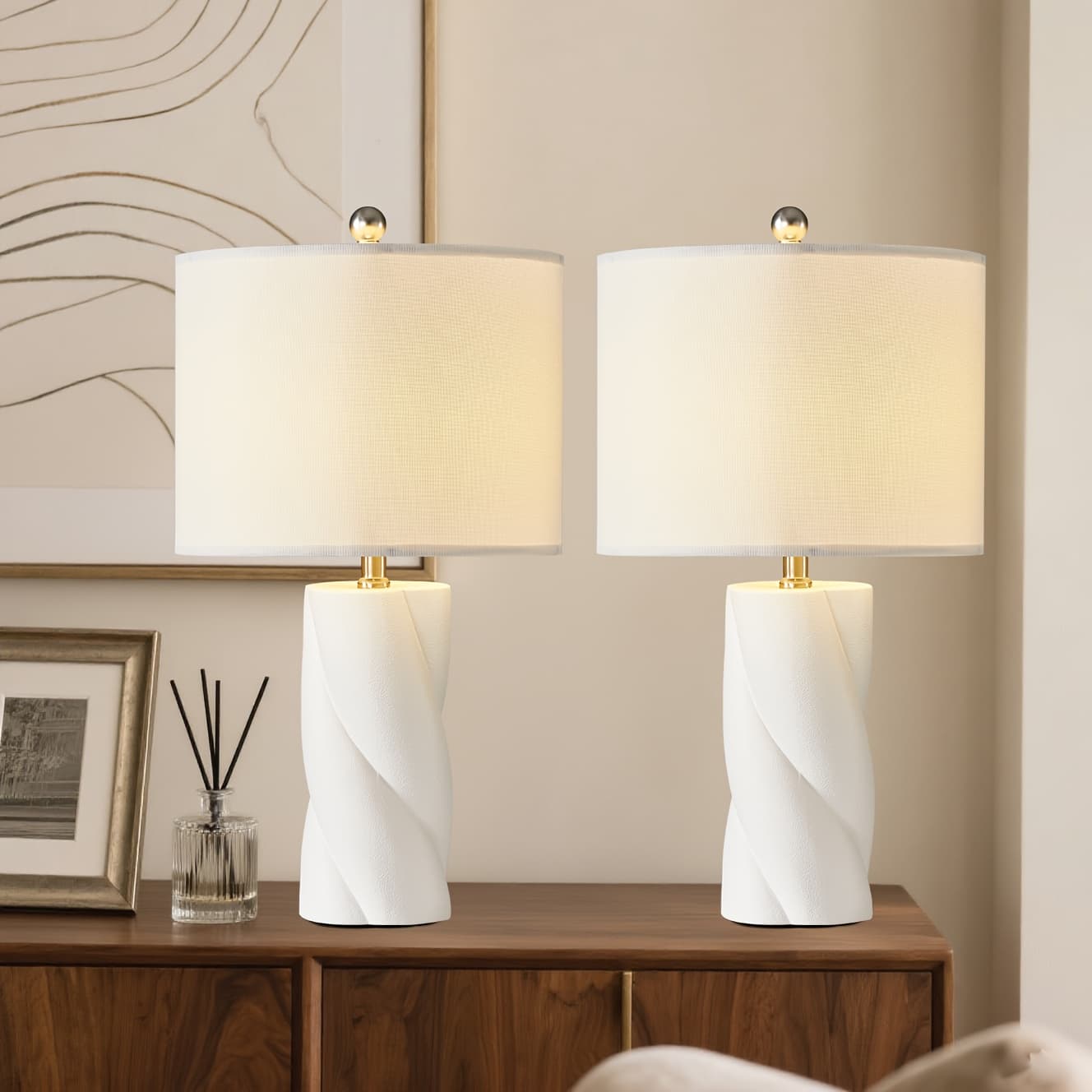 TEMU Ceramic Table Lamps Set Of 2, 3-way Dimmable Modern End Table Lamp, 24 Inches Nightstand Lamps With White Burlap, 2 Pack White Bedside Lamps For Bedroom, Living Room, Study, Office, Home Decor