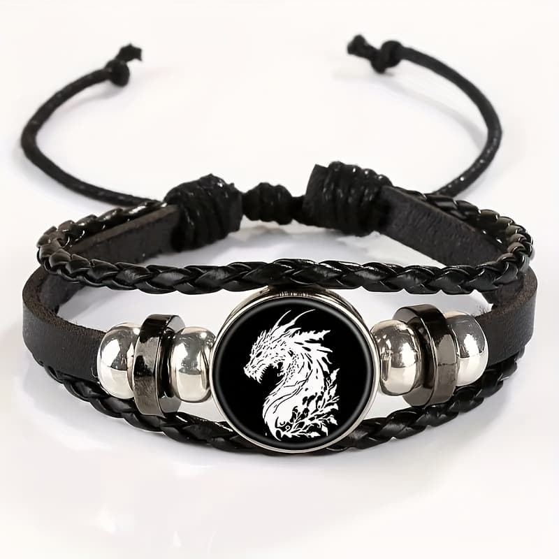 TEMU Adjustable Vintage Bracelet With Black Dragon Pendant - Stylish Black Leather Wristband For Casual Attire Gift , For Teenager