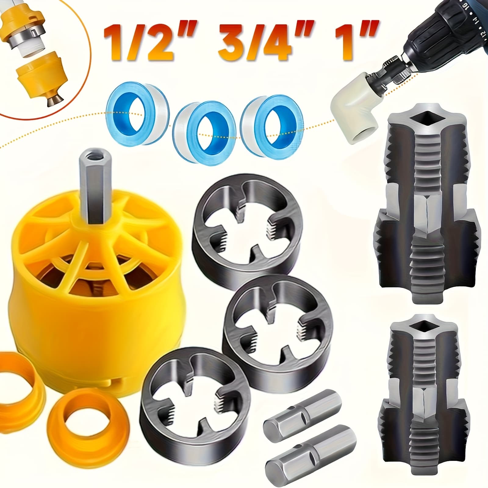 TEMU 9pcs/13pcs Power Drill Water Pipe Threading Set, Featuring 3 Dies For Inside And Outside Threading Of 1/2 Inch, 3/4 Inch, And 1 Inch Pipes, A Professional Toolkit For Water Pipe Threading