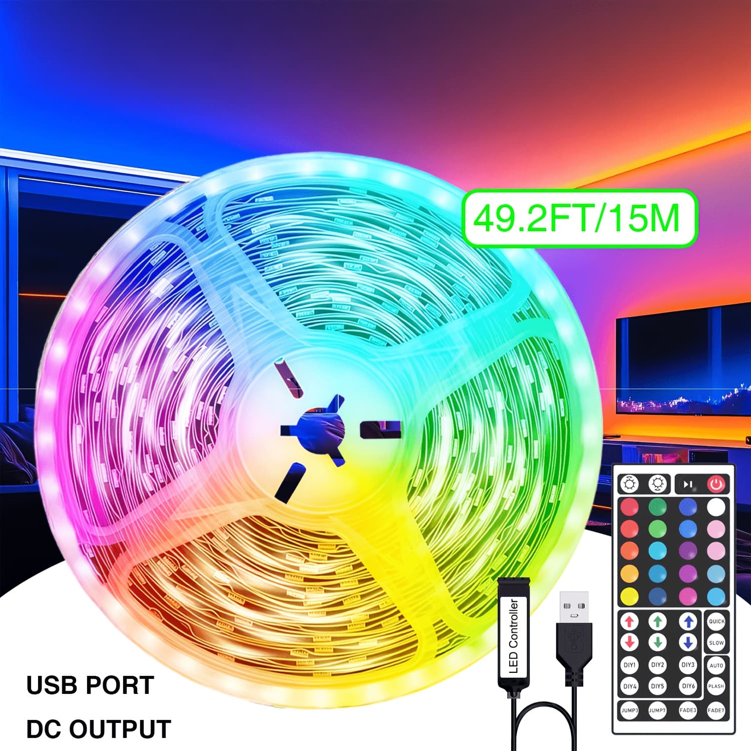 TEMU Nbbuff 16.4ft-49.2ft Rgb Color Led Strip Lights, With A 44-key Remote Control, Cuttable For Installation, 45led/m, Suitable For Game Rooms, Bedrooms, Bars, And Christmas Party Decorations.