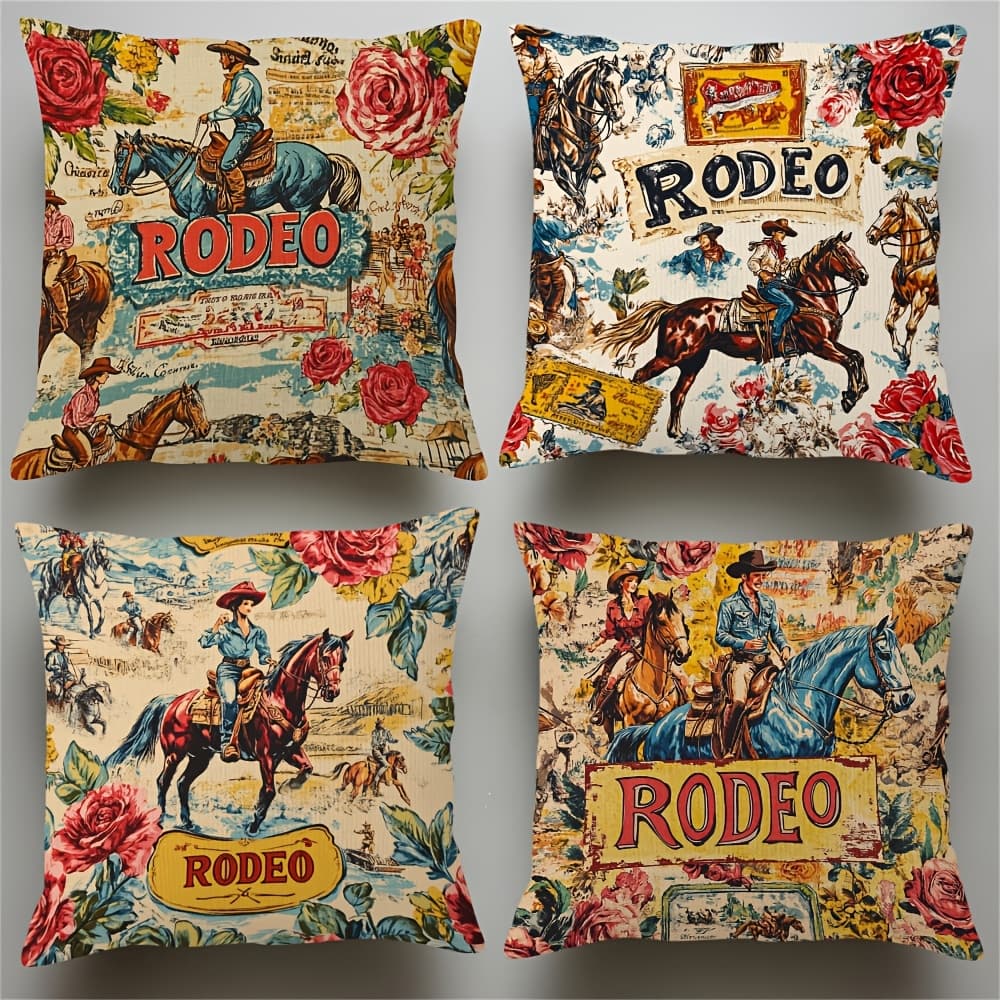 TEMU 4pcs Vintage Western Cowboy Shawl Pillow Cover, Machine Washable, Zipper Closure, Soft Fabric Polyester, Decorative Pillow Cover For Home And Room Types -no Pillow Insert