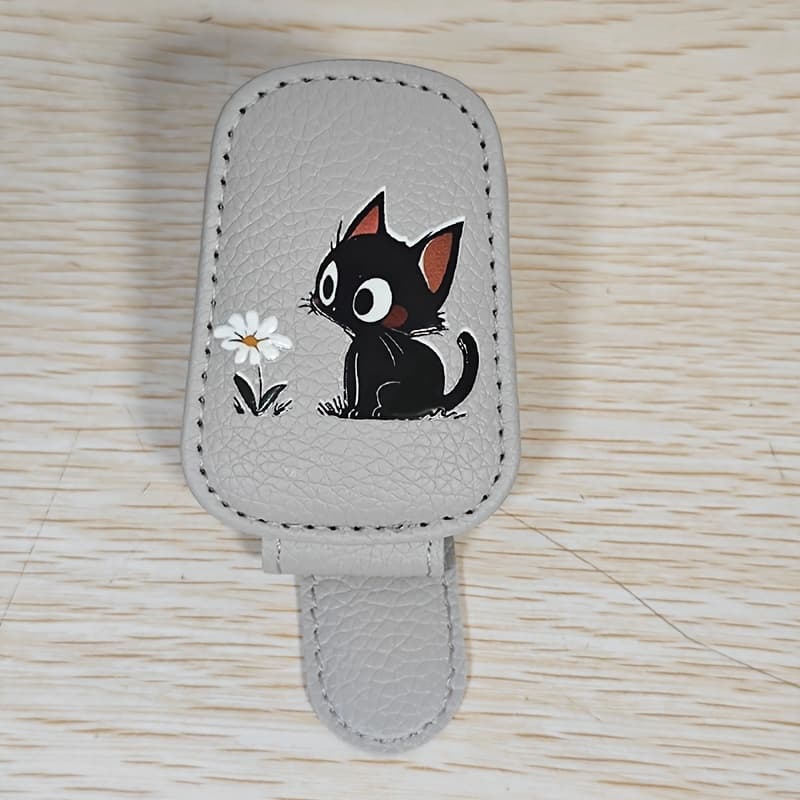 TEMU Floral Cat Car Sun Visor Glasses Holder - Pu Material, Suitable For Storing Bank Cards, Credit Cards, Membership Cards, And Glasses, A Perfect Gift, A Fun Decorative Item