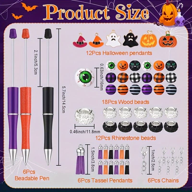 TEMU 6pcs Halloween Beadable Pen Set Beaded Pens Plastic Ballpoint Pens Beadable Pens Bulk Diy Pens Making Kit Beads For Crafts Diy Bead Pen For Women Office School Diy ()
