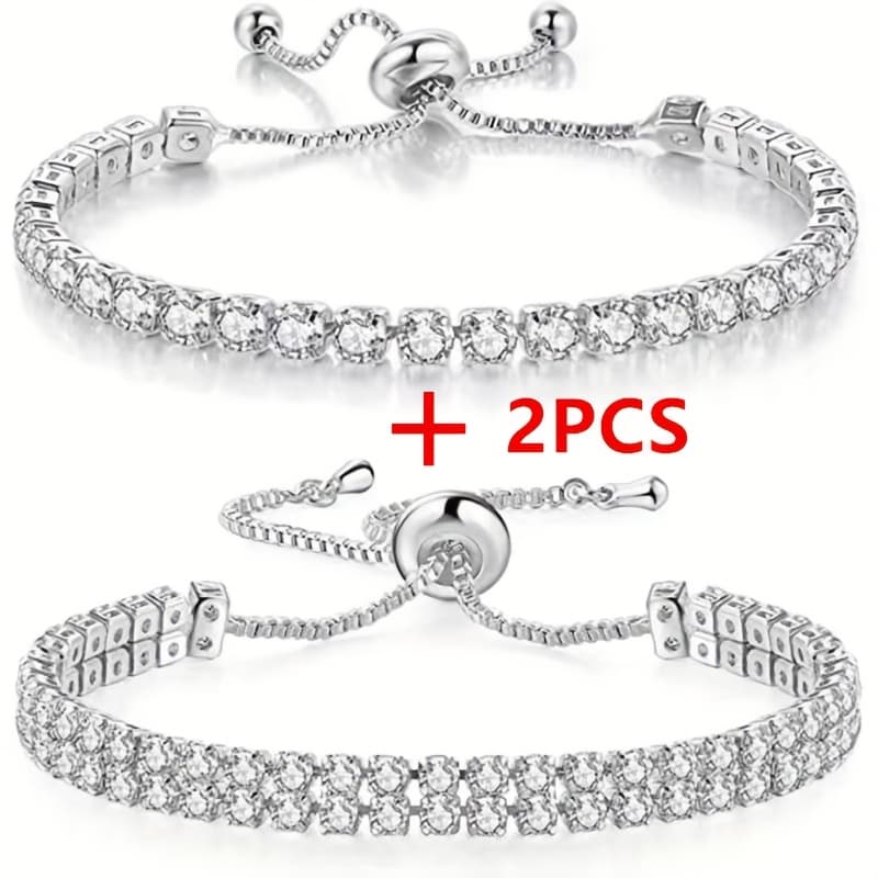 TEMU 2pcs Double Row Single Row Sparkling Adjustable Cubic Synthetic Zirconia Women's Jewelry Valentine's Day Gift Wedding And Party Accessory Birthstone Replacement