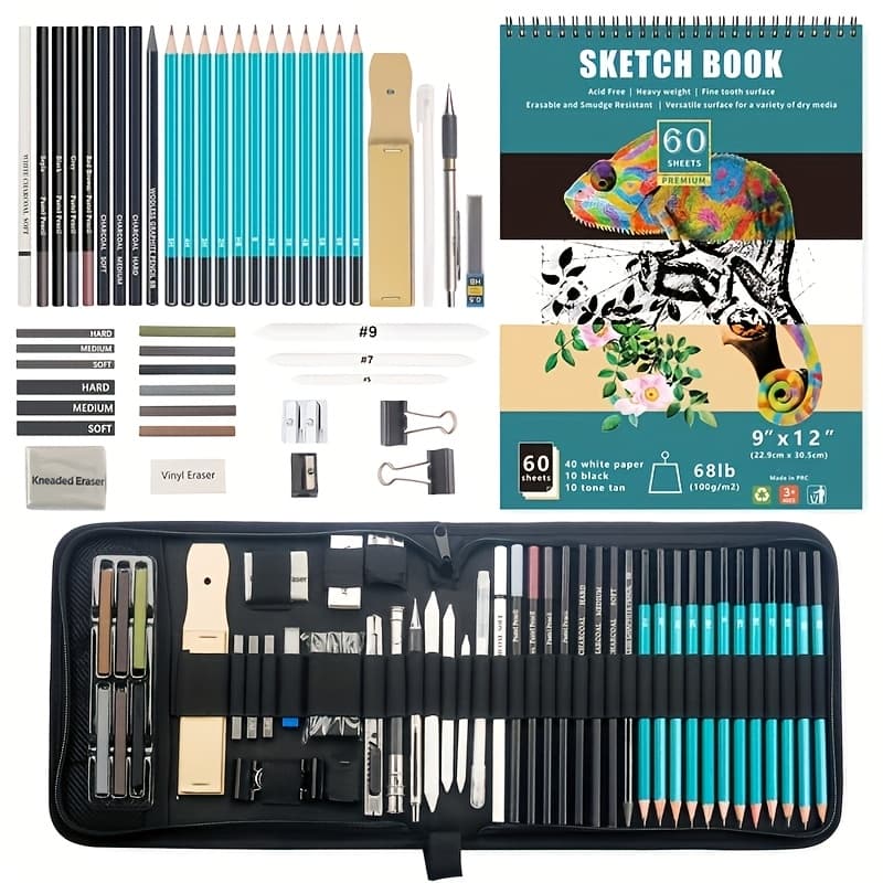 TEMU New 50pcs Sketch Tool Set, High-gloss Metal Pen, Charcoal Pen, Pencil Drawing Art Sketch Set, Artist, Adult Gift Set, Suitable For First Day Of School Gifts, For