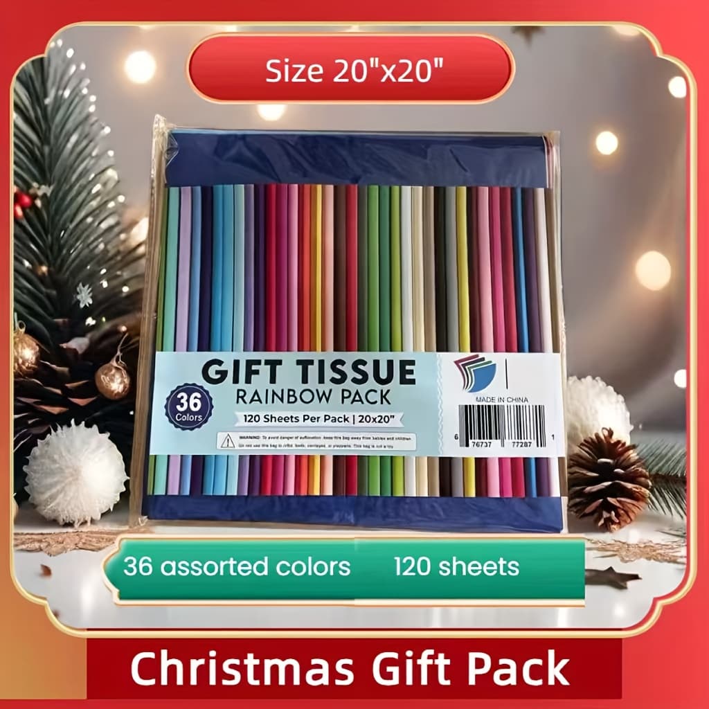 TEMU Size: 20"x 20", 120 Sheets Of Colored Tissue Paper In 36 Assorted Colors. Perfect For Gift Bags, Box Packs, Christmas, Birthdays, Holidays, And