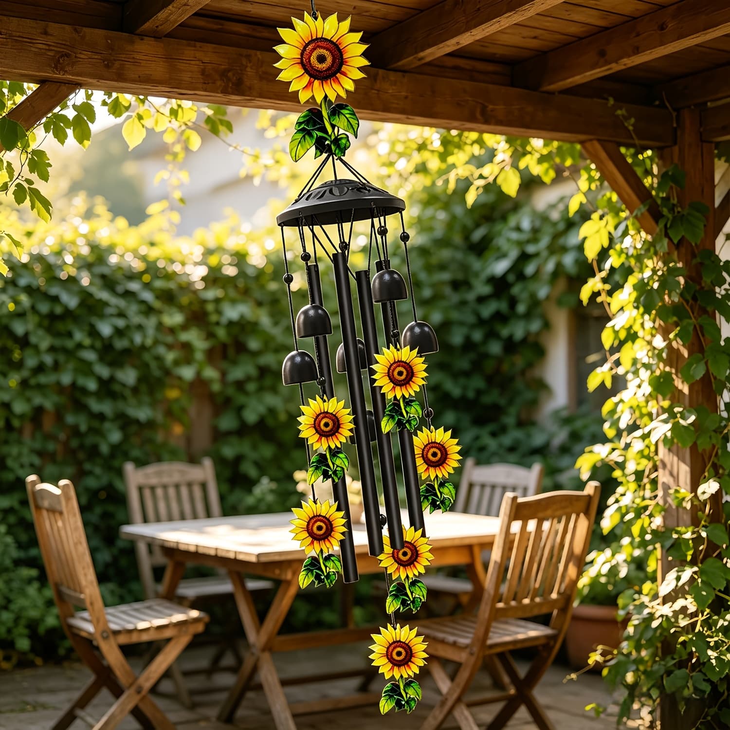 TEMU 32-inch Sunflower Wind Chime With Chimes - Uv Printed Flower-shaped Outdoor/ Wind- Musical Decor, Suitable For,, Window Hanging, For - Soothing Sound For Home Decoration