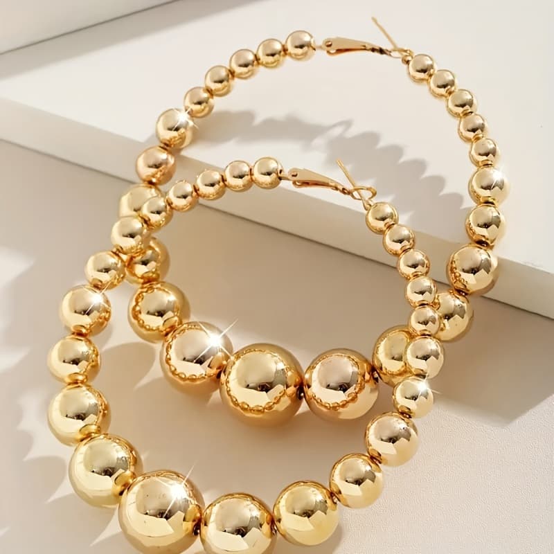 TEMU 2pcs Women' Golden Bead Layered Dangle Earrings - Glossy Beads, Retro Cascading Hoop Earrings Suitable For Daily Wear & Parties, Elegant Jewelry Accessories