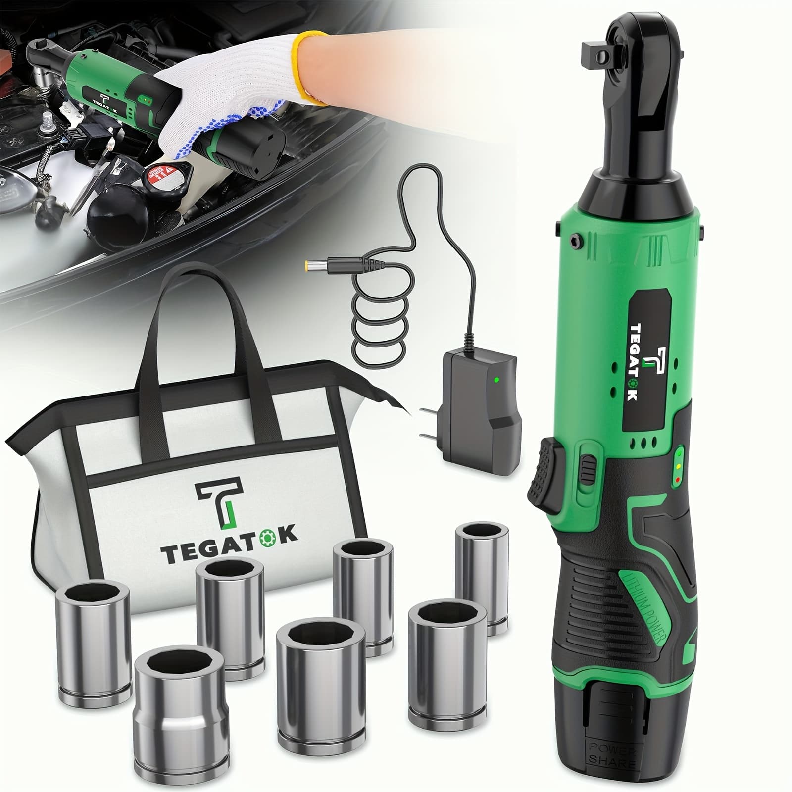 TEMU -lbs 12v Cordless Ratchet Wrench Set, 3/8" Powerful Rotarytool, Fast Charge, Variable Speed Trigger, 1 -pack Lithium-lon Batteries, 7 Sockets For Tasks, For Valentme's Day Gifts