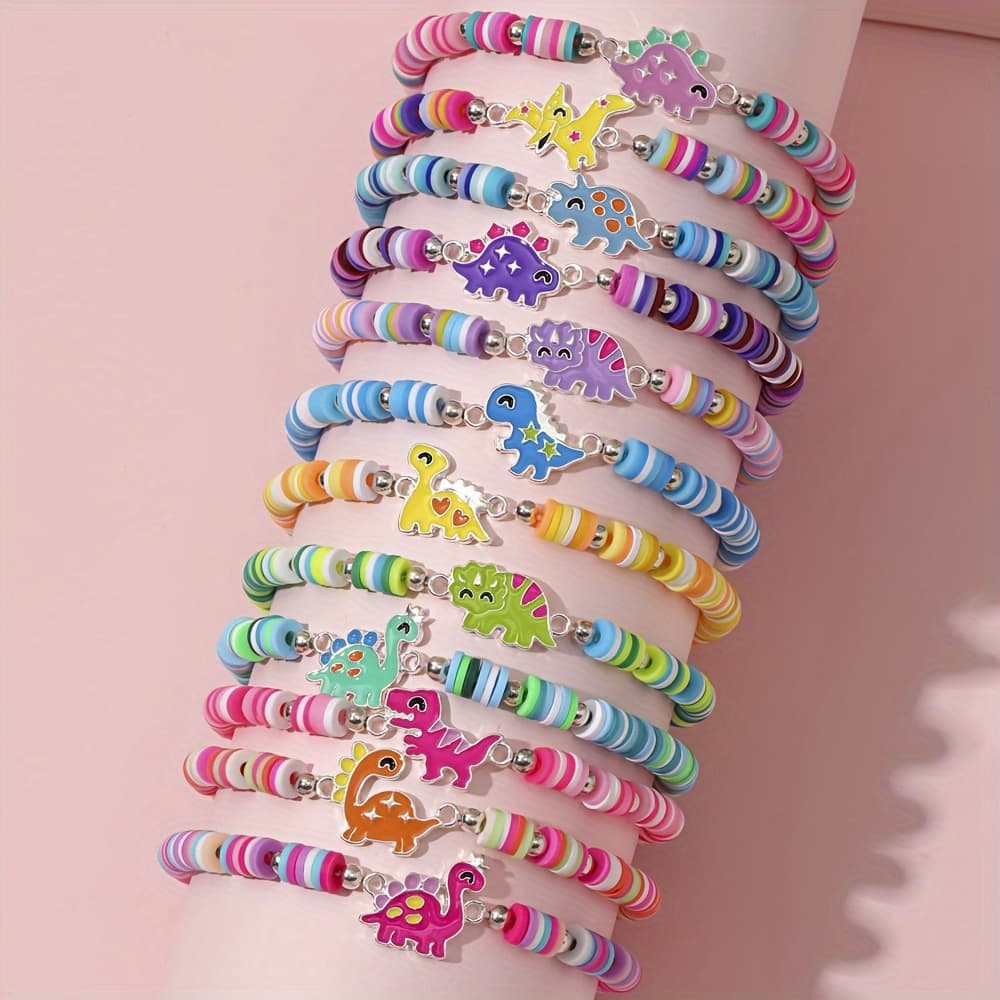 TEMU 12 Cute Dinosaur Alloy Oil Animal Polymer Clay Piece Bracelet Set