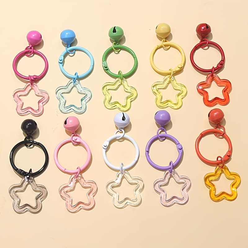 TEMU 5pcs/10pcs Random Color Acrylic Transparent Colored Five-pointed Star Keychain Earphone Case Bag Pendant Painted Card Ring Bell Decoration Key Chain
