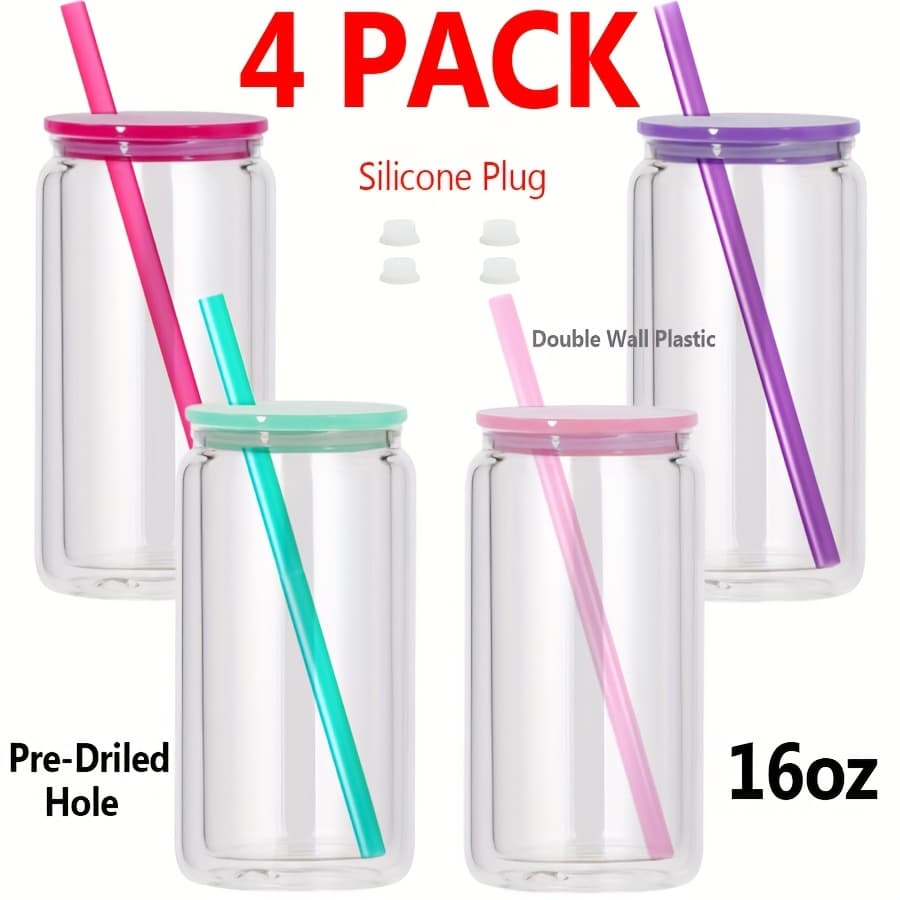 TEMU [ 4pcs ] 16oz Acrylic Snow Tumbler Snow Cups Double Wall Tumbler With Pre Drilled Hole Clear Plastic Cups With Lids And Straws For Iced Coffee Boba Juice Soda, Perfect For Glitter Snow Diy