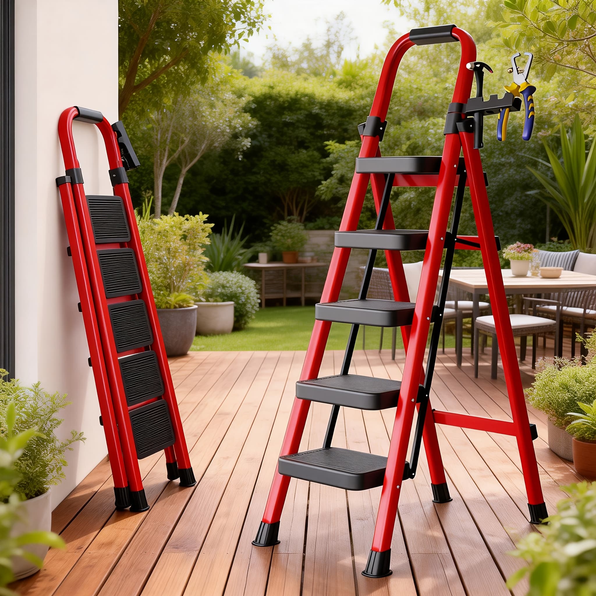 TEMU Folding 5/4/3 Step Ladder, Portable Multi-functional Ladder, Load-bearing 500 , Heavy-duty Steel Step Stool With Anti-slip Wide Treads, Handrails, Safety Lock Design, Black And Red Color Scheme