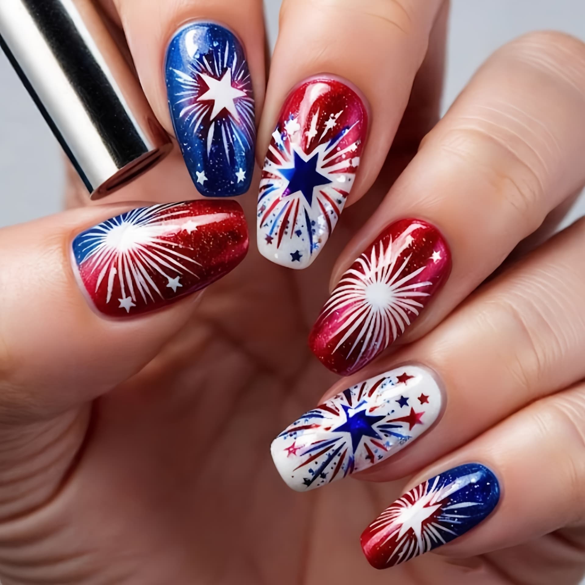 TEMU 24pcs Western Day Fireworks Nail Art Stickers, Long Coffin-shaped Finished Nail Wraps American Contrast Gradient Hand-painted Fake Nails Niche Premium Removable Nail Stickers