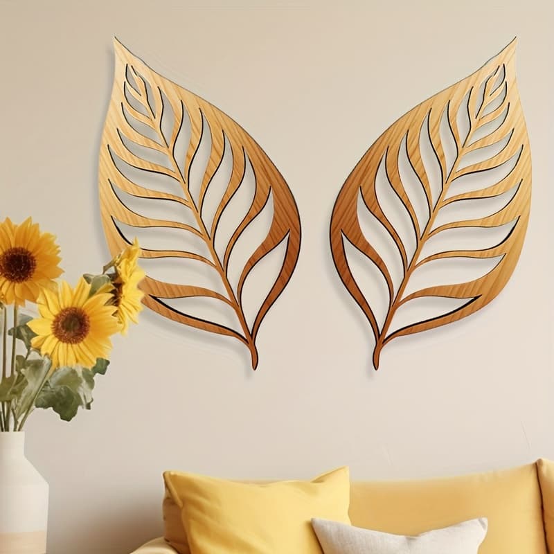 TEMU 2pcs Handcrafted Wooden Leaf Wall Decor, Rustic Style With Elegant Decoration, Suitable For Office Or Home, Gift With Plaque And Hanging Accessories