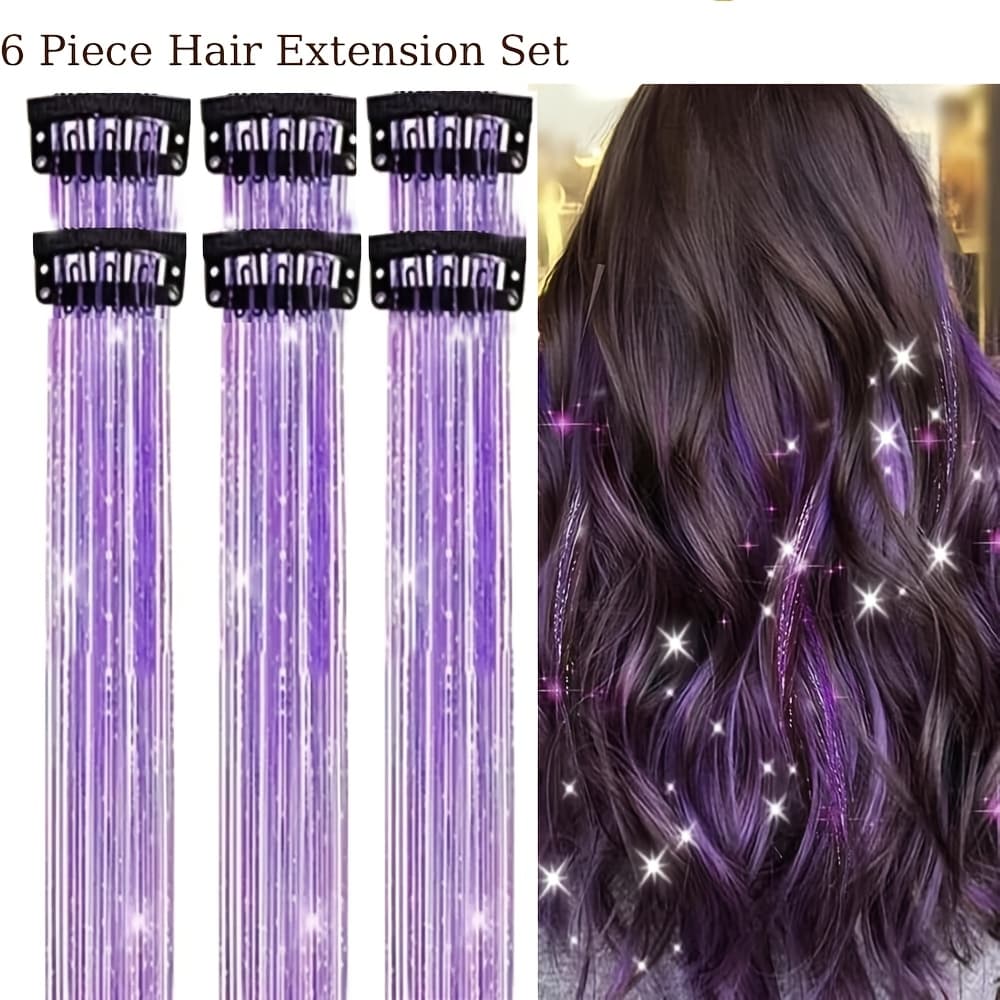 TEMU Synthetic Hair 6pcs Clip On Synthetic Hair Bundle 20 Inch Shining Fairy Color Hair Accessories Set Suitable Christmas Use For Women' Festivals And Perfect As Festival Gifts