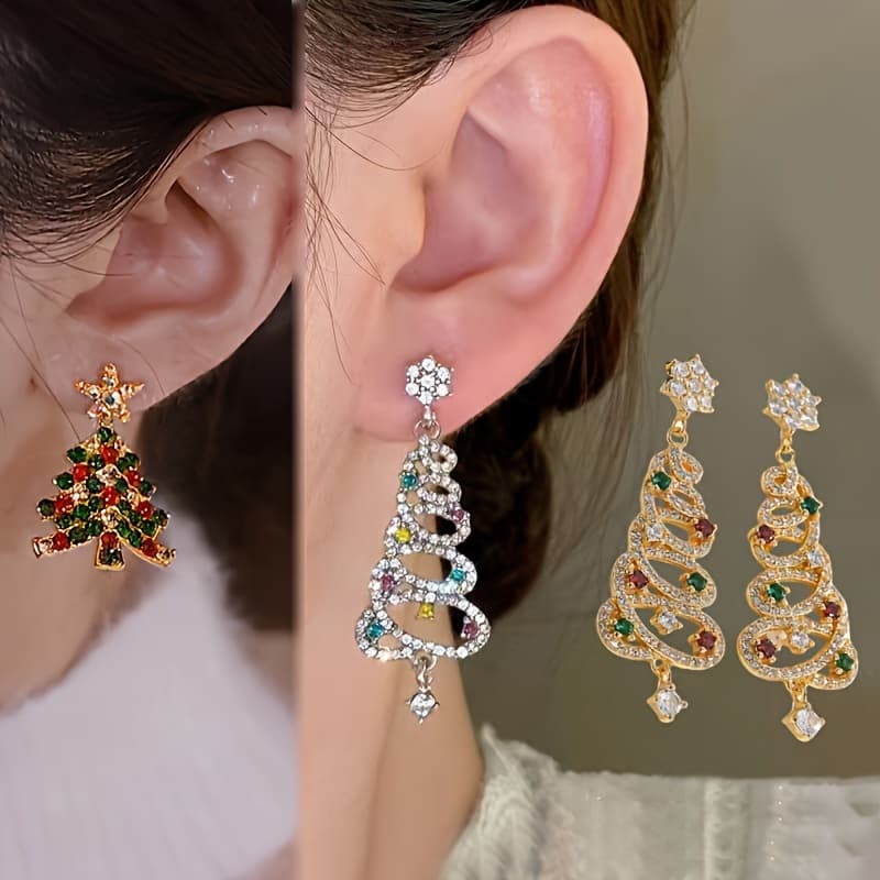 TEMU 3pairs/set Christmas Tree Earrings For Women, Zirconia Light Luxury Dangle Drop Tassel Earring, Xmas Party Jewelry Gift