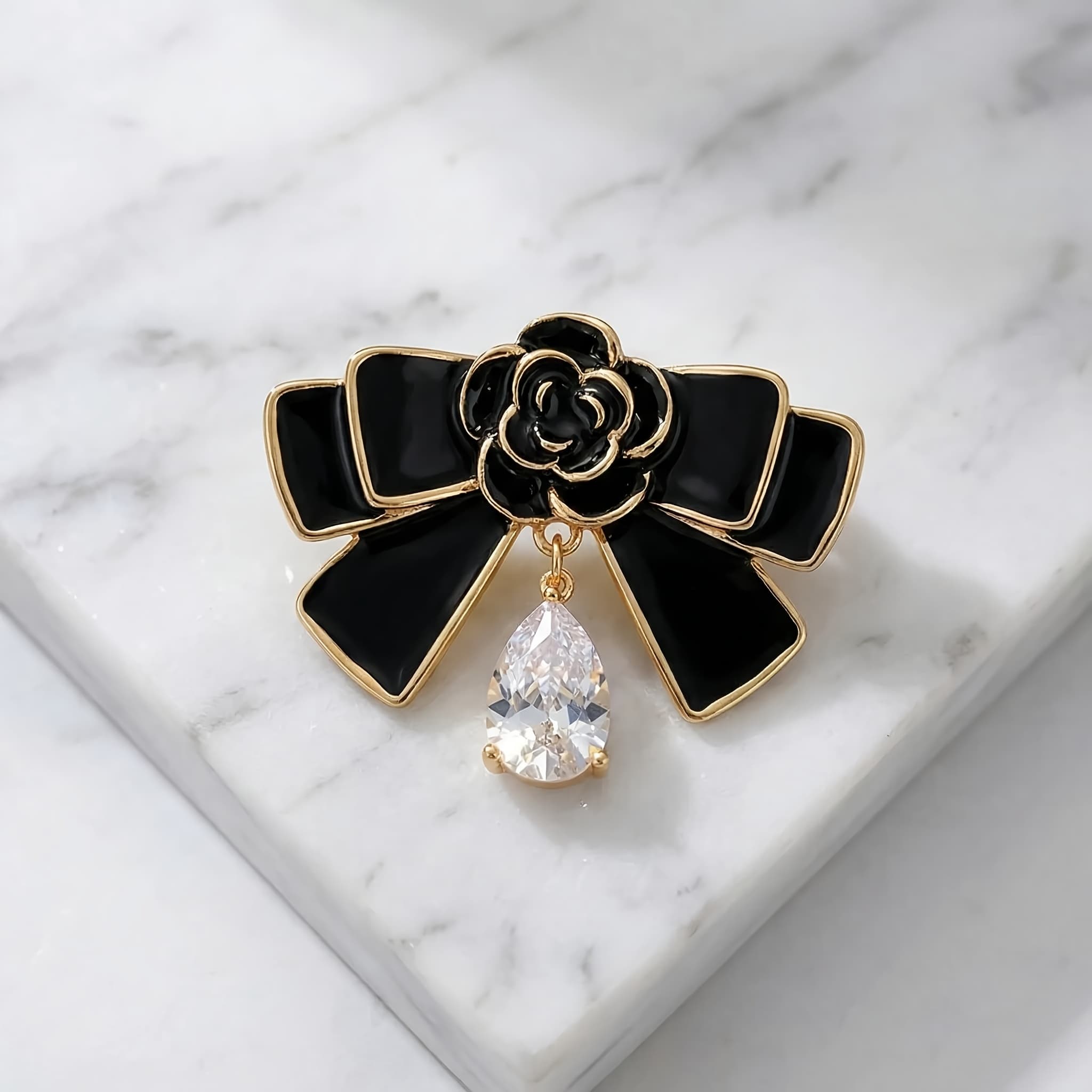 TEMU Elegant Black Camellia Brooch With Bow And Teardrop-shaped Gemstones Vintage-style Women's Fashion Accessory, Perfect Gift For Valentine's Day Or Everyday Wear, Special Occasion Pin | Exquisite