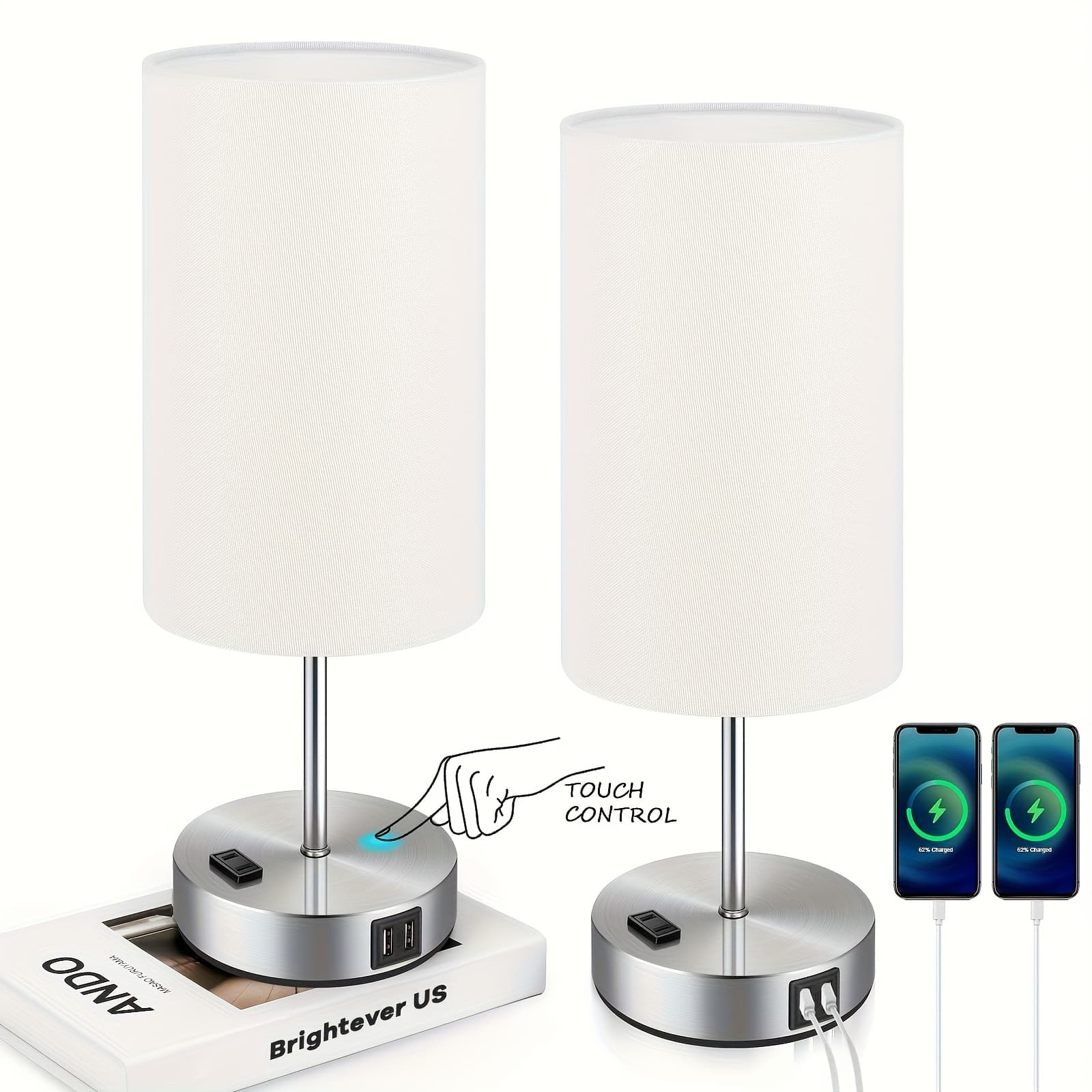 TEMU 2 Pack Touch Control Table Lamps, Bedside Lamps With Usb Ports & Ac Outlet, 3-way Dimmable Nightstand Lamps With Fabric Shade, A19 Led Bulb Included, For Bedroom, Living Room, Reading