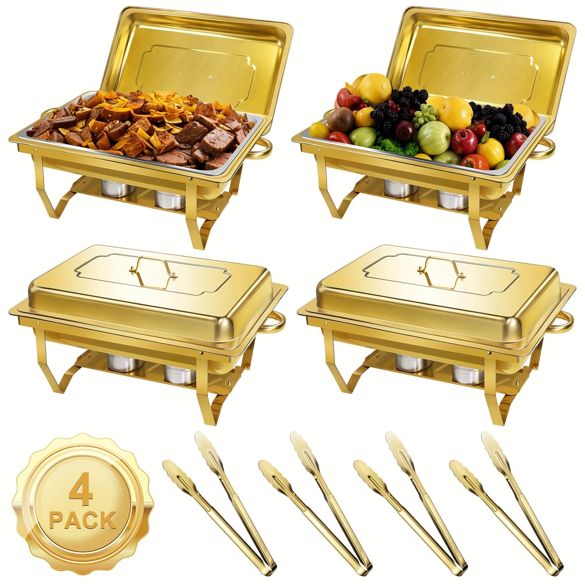 TEMU 4pcs/1pc Stainless Steel Chafing Dish Set, 8qt, Golden, Full Size, Premium, With All- Clips, Suitable For Parties, Buffets, Food Warmers, No Electricity Required, Cooking