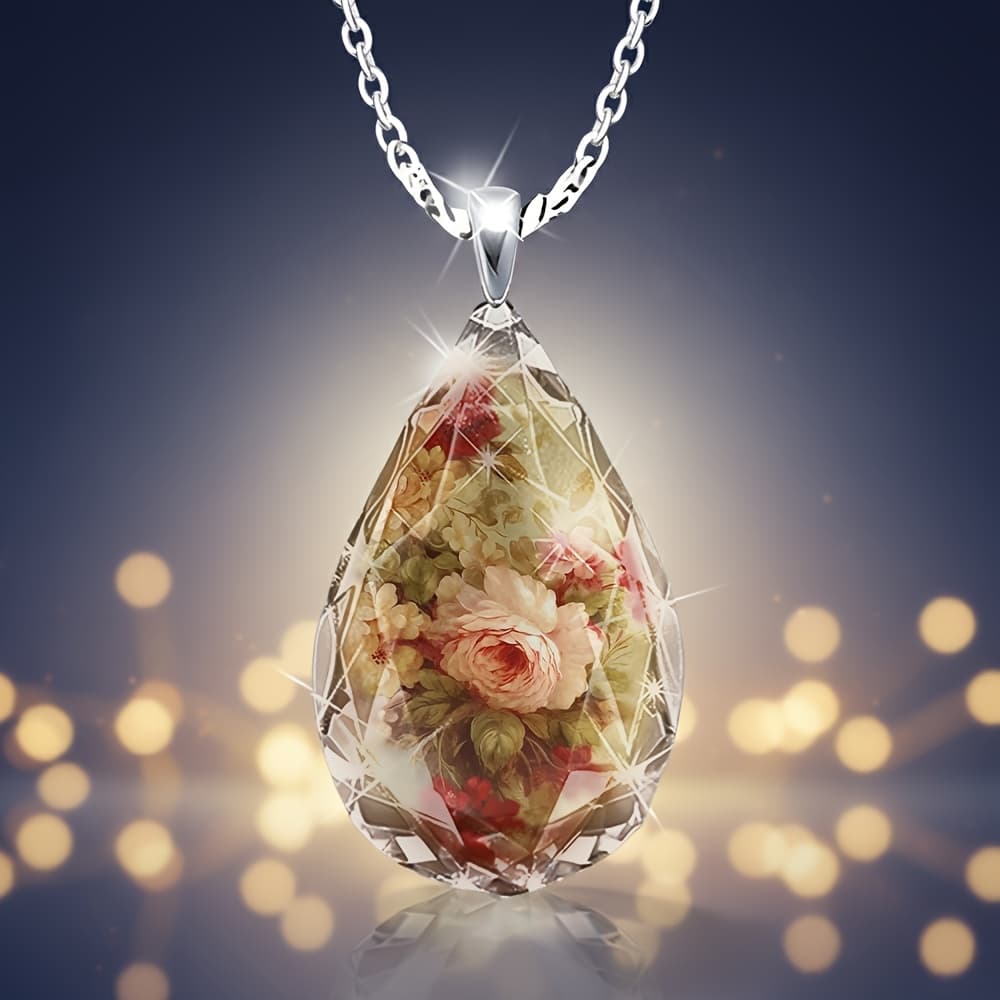 TEMU Women's Teardrop-shaped Glass Vintage Floral Oil Painting Pendant Necklace, Elegant And , Suitable For Everyday Wear And Special Occasions
