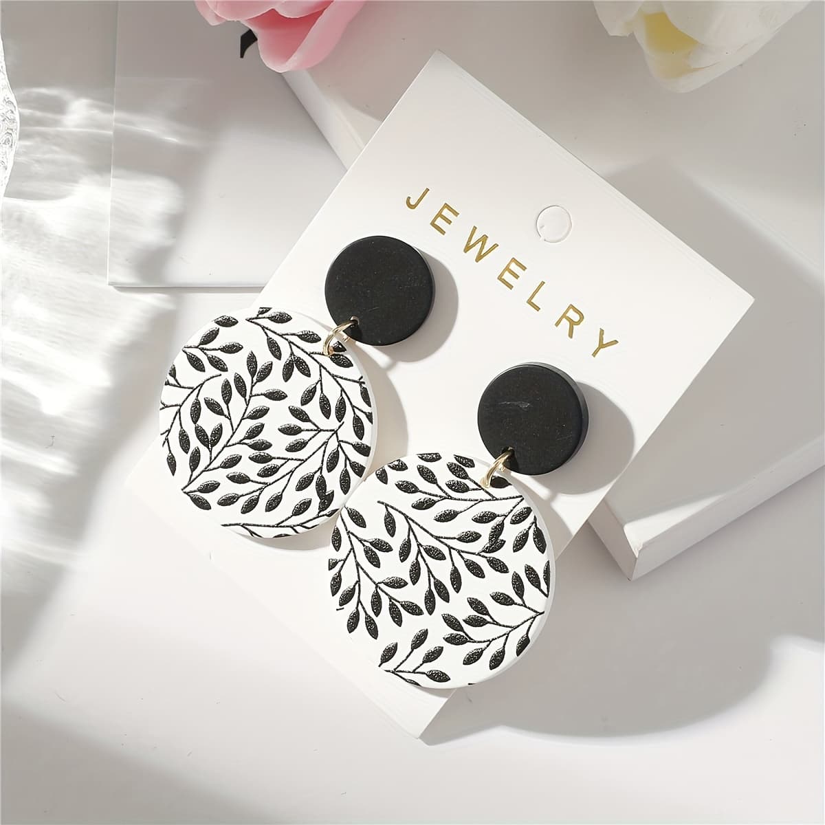 TEMU 1 Pair Women's Black And White Branch Leaf Print Clay-like Texture Round Acrylic Earrings