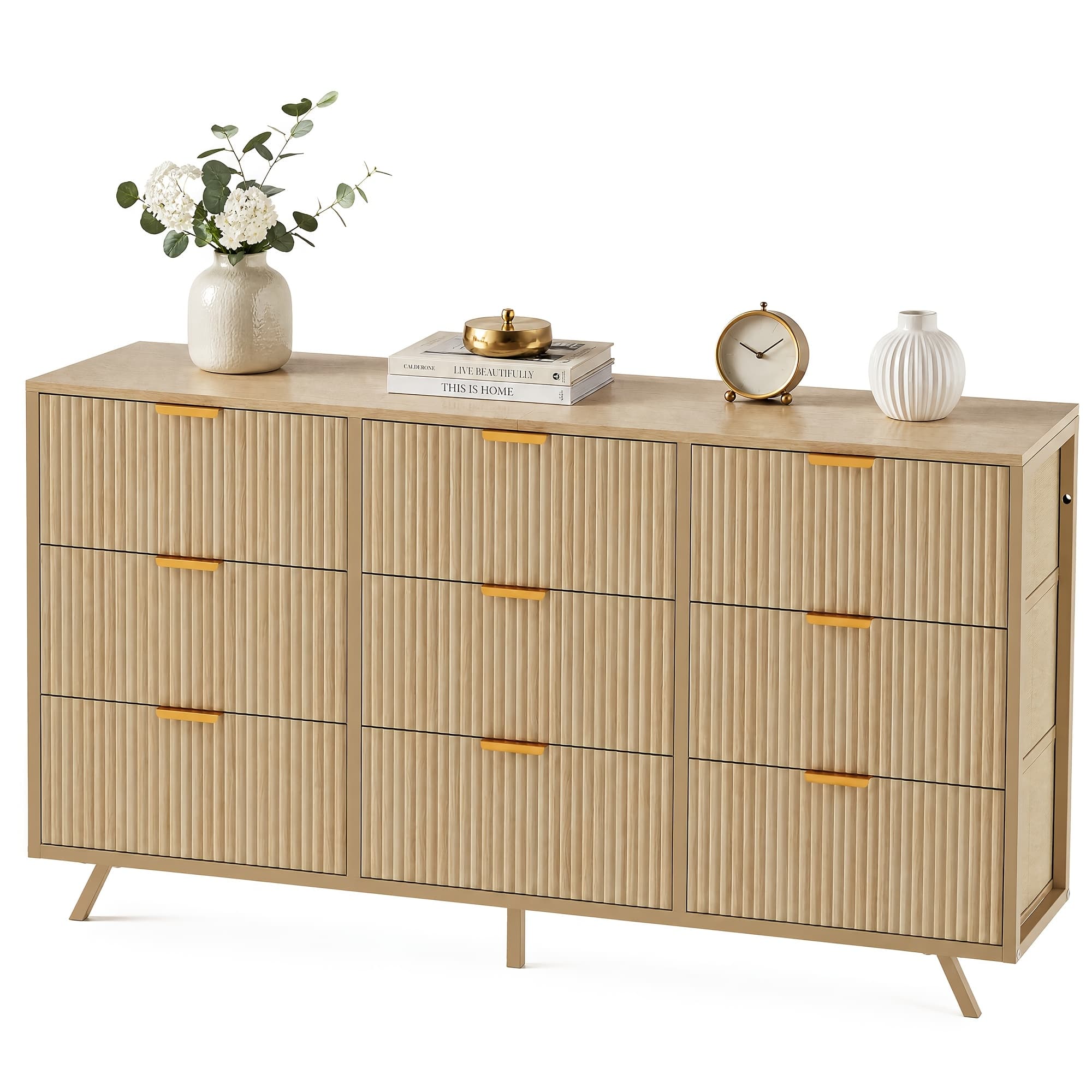 TEMU Bedroom Dresser With 9 Drawers, 57" Wide Modern Chest Of Drawers, Wooden Dresser Tv Stand, Wood Closet Clothes Storage Organizer For Living Room, Hallway, Natural Oak