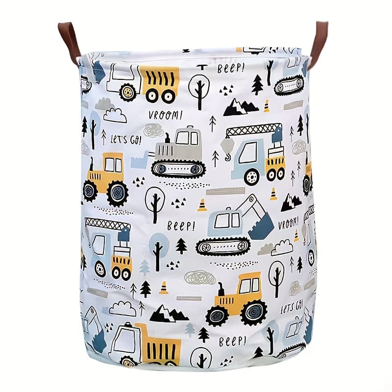 TEMU Construction Vehicle Print Xl Storage Basket | Foldable Laundry Bin With Pu Leather Handles, Large Capacity Organizer For Bedroom, Clothes And Miscellaneous Items, Laundry Baskets