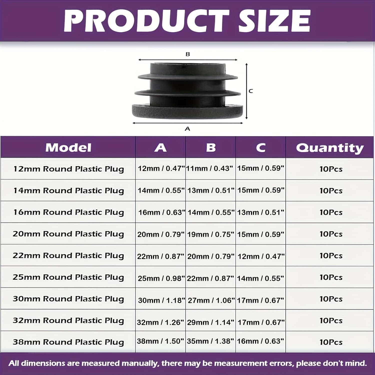 TEMU Pack Of 90 In 9 Sizes 15/32' 11/20' 3/5' 3/4' 9/10' 1' 1-1/5' 1-1/4' 1-1/2' Black Round Plastic Pipe Plug End Combination Set For Metal Pipe And Furniture Protection Slides