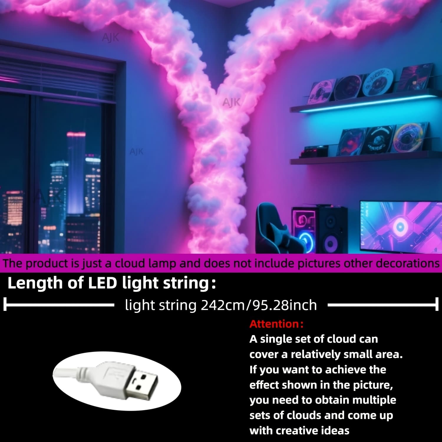 TEMU Ajk 2.42m 3d Lightning Cloud Light - Usb Powered Ambient Light, Suitable For Game Rooms, Stage Parties, And Decorative Gifts