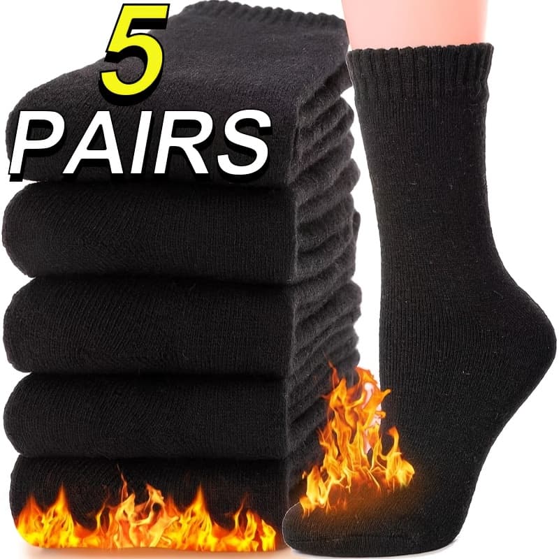 TEMU 5 Pairs Women's Thick Warm Socks, Winter Soft And Plush Mid-calf Solid Color Socks | Outdoor Home Sports Office Socks, Elastic Cuff Socks, Support Black