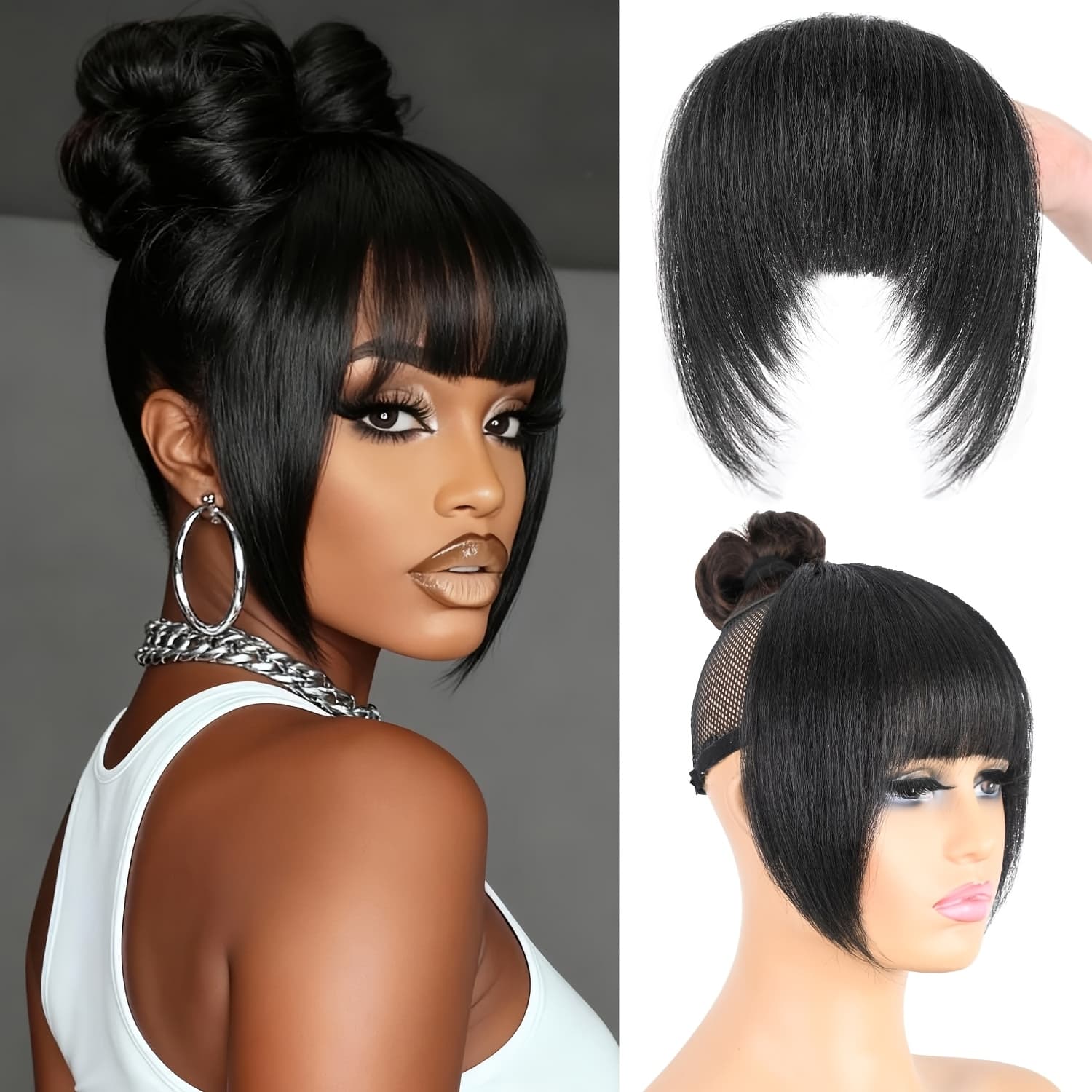 TEMU -looking Synthetic Hair Fringe Clips For Women, Featuring Straight Bangs With Temple Coverage, Ideal For Volume And Style