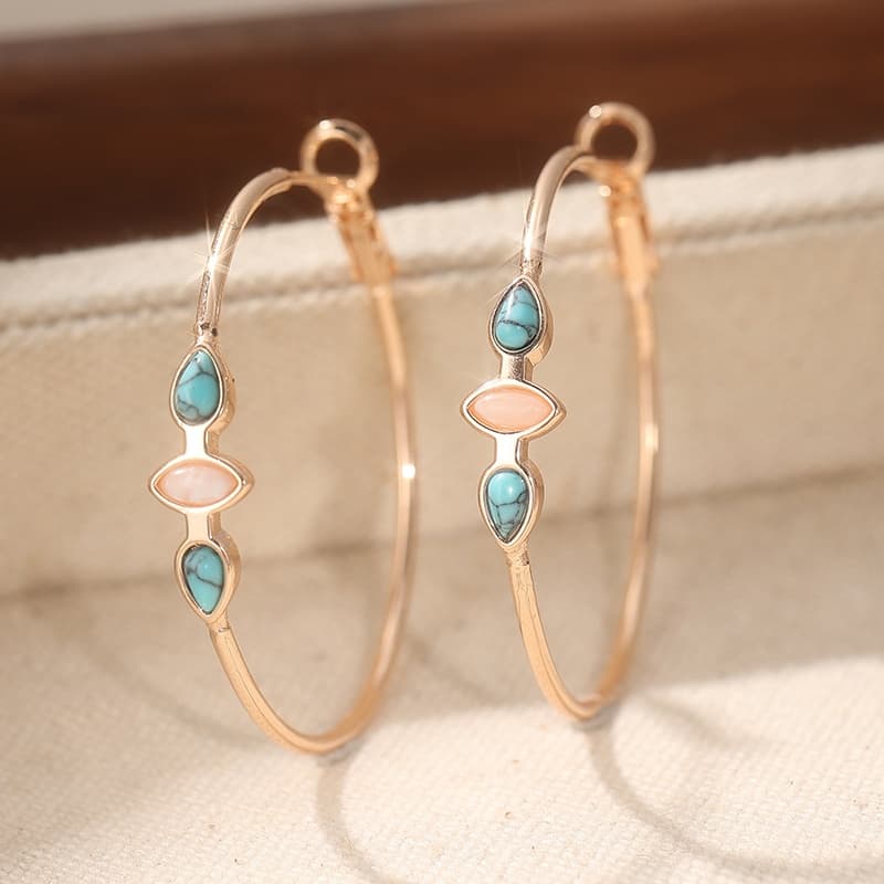 TEMU Retro Copper Turquoise & Rose Golden Handmade Boho *modern* * Boho * Hoop Earrings