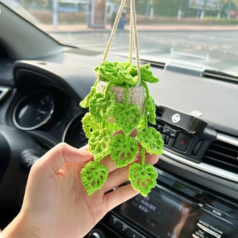TEMU Green Pothos Pendant: Color 8 - A Woven Car Accessory For The Rearview Mirror, Featuring A Creative Plant Hanging Basket Made Of Fabric