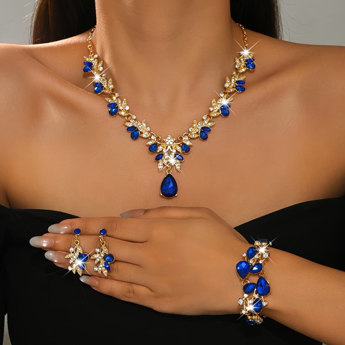 TEMU Luxury Blue Jewelry Three-piece Set: Teardrop Pendant Necklace + Bracelet + Earrings, Women's Banquet Accessories